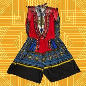 Women’s Romper African Dashiki Print 1Piece Adjustable Tassel Straps Size Small